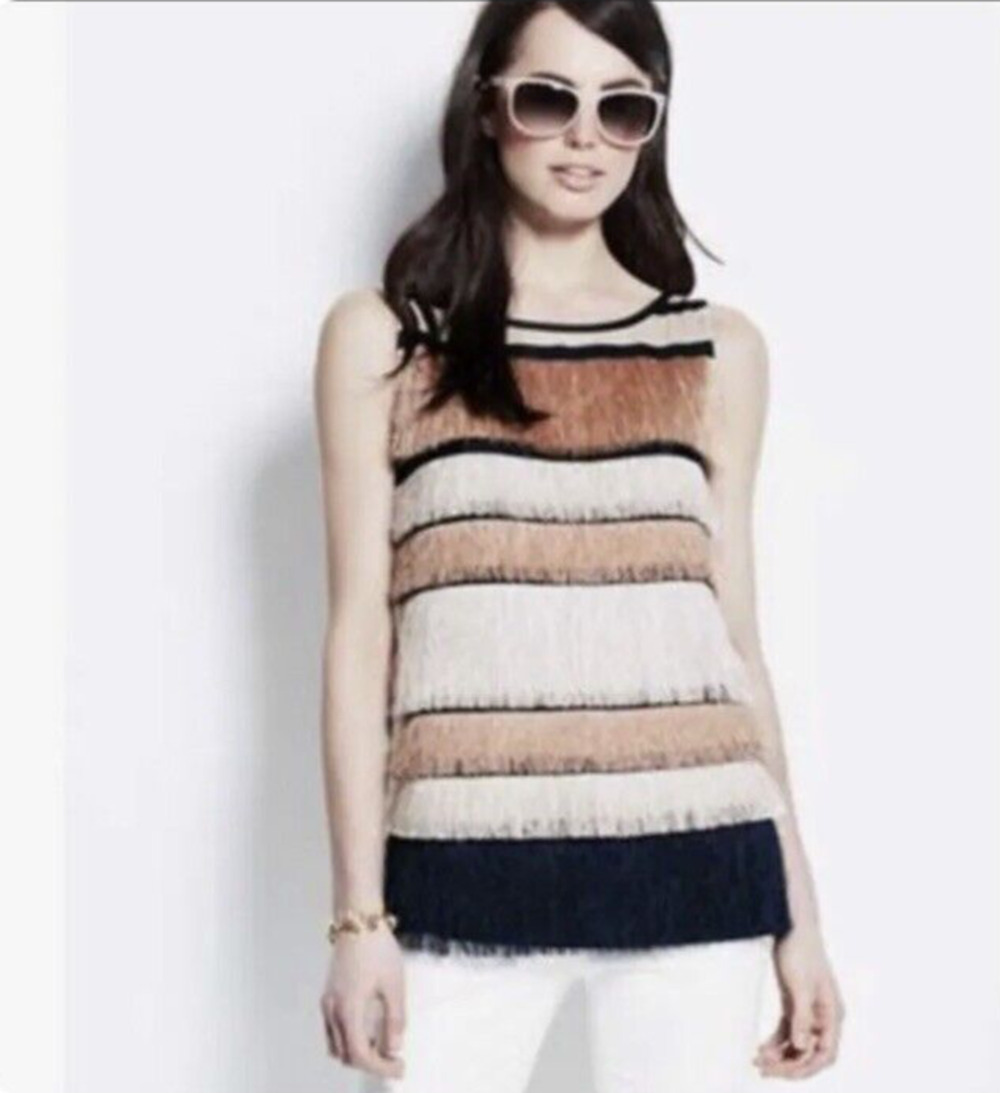 Ann Taylor Women's Fringe Striped Tiered Sleeveless Top Sz MP Flapper Retro Mod